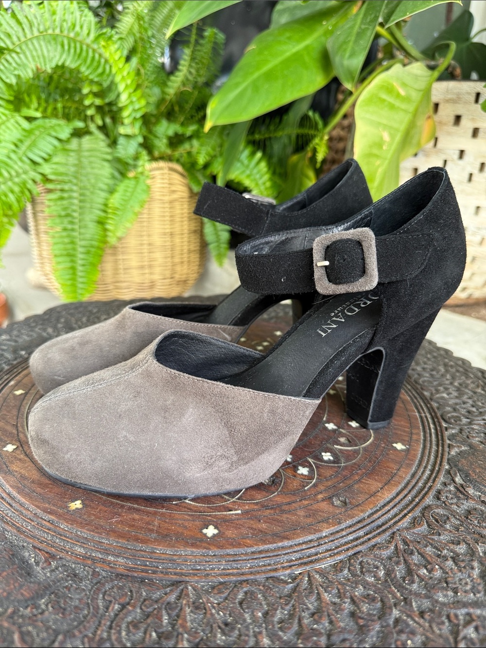 Cordani Calzature Two-Tone Suede Mary Jane Heels in Black and Taupe